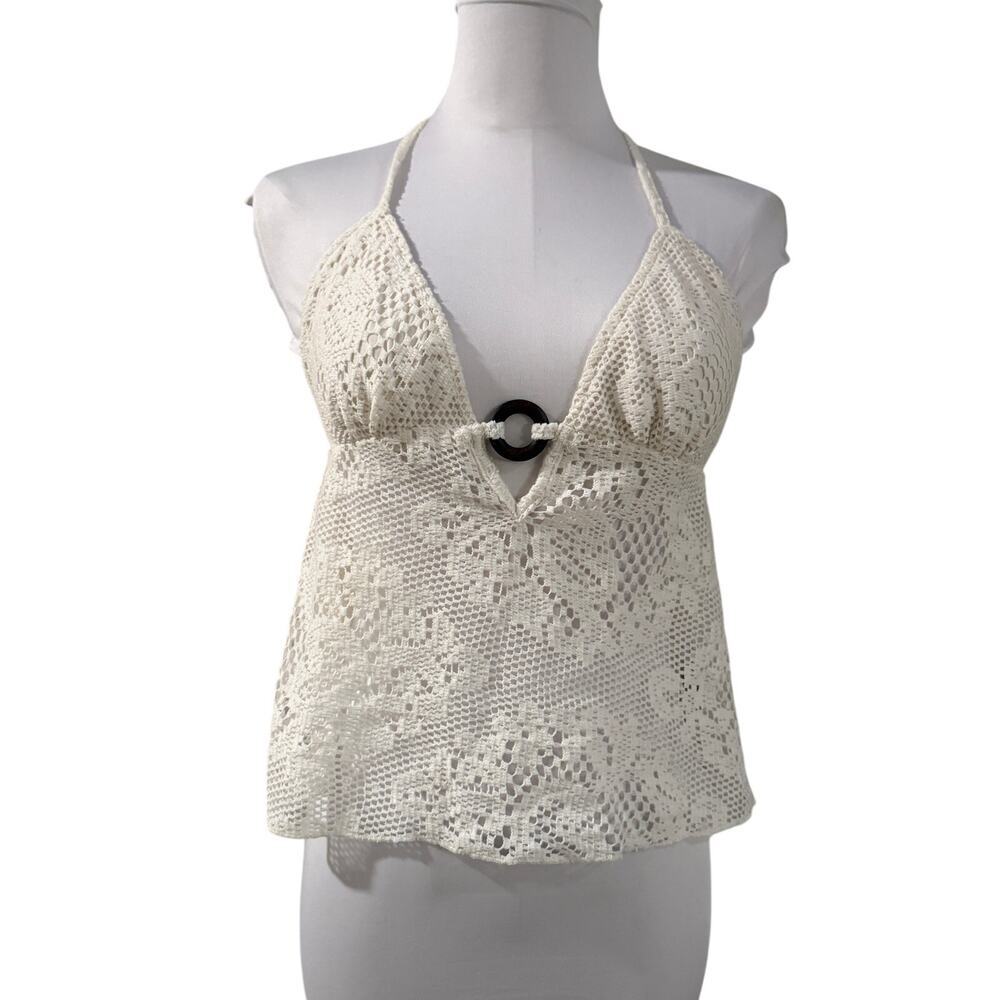 Edikted Crochet Halter Babydoll Top White Boho Knit Wooden Ring Small Resort
